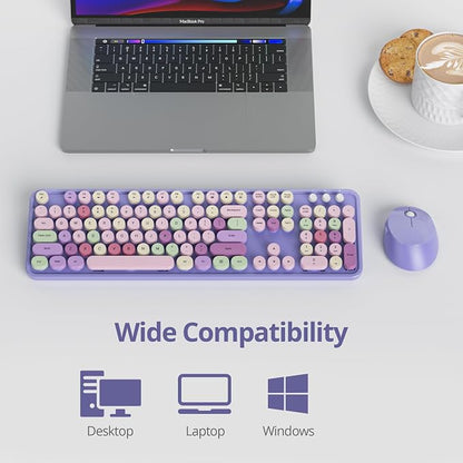 GTSP Typewriter Colorful Purple Keyboard and Mouse Wireless, 2.4GHz Full-Size Retro Cute Office Computer Keyboard with Round Keycaps for Desktop Laptop and PC (Colorful Purple)