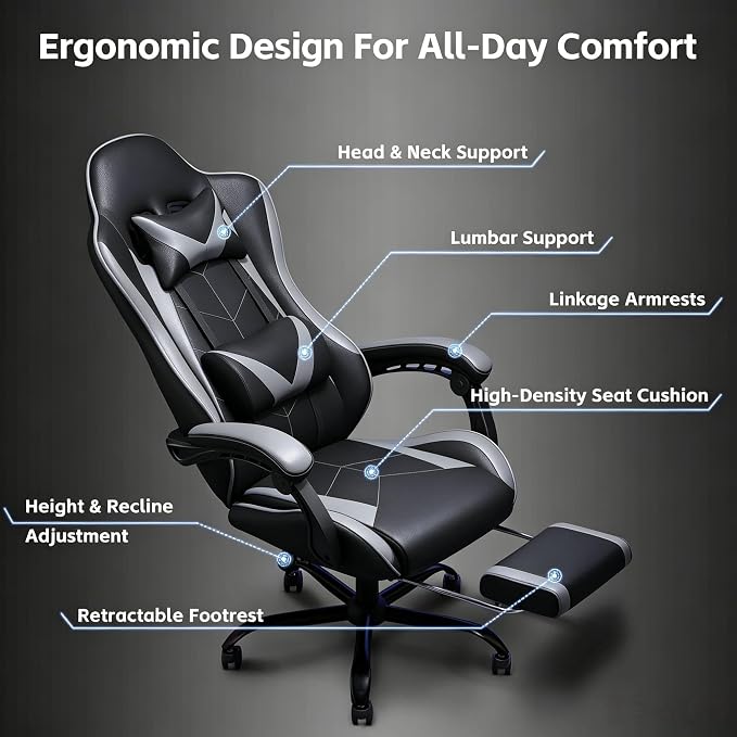 Gaming Chair, Ergonomic Computer Chair with Footrest and Lumbar Support, Height Adjustable Video Game Chair with 360° Swivel Seat and Headrest for Office, Home, Streaming and Gaming (Grey)