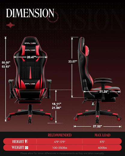 GTPLAYER Gaming Chair with Speakers, Video Game Chairs with Footrest, PC Game Chairs for Adults - Padded High Back Ergonomic Reclining Silla, Linkage Armrest, 909MF, Black-Red