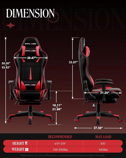 GTPLAYER Gaming Chair with Speakers, Video Game Chairs with Footrest, PC Game Chairs for Adults - Padded High Back Ergonomic Reclining Silla, Linkage Armrest, 909MF, Black-Red