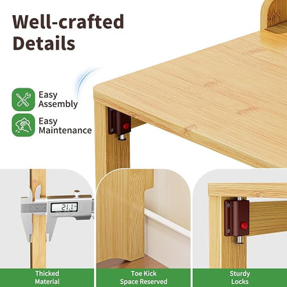 Bamboo Folding Desk for Small Spaces with Storage, Mid Century Foldable Desk with Bookshelf, Small Desks with Storage for Home Office Bedroom, Natural