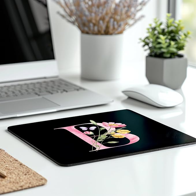 Mouse Pad Pinks Flowers Initial Letters Mousepad Desktop Laptop Computer Accessories Home Office Gaming Work Desk Computer Non-Slip Rubber Monogram Floral Alphabet A-Z mousepad (B)