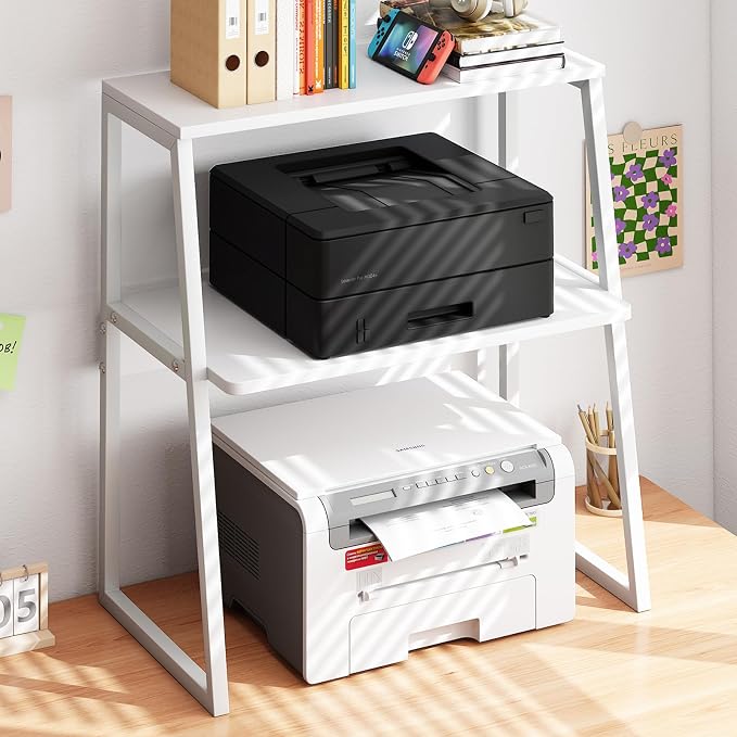 Arbuxzuy Printer Stand for Desk, Desktop Printer Shelf, 3 Tier Desk Shelf for top of Desk, Large Printer Stands Office Organization Shelves for Home Office Printer Fax Book, White