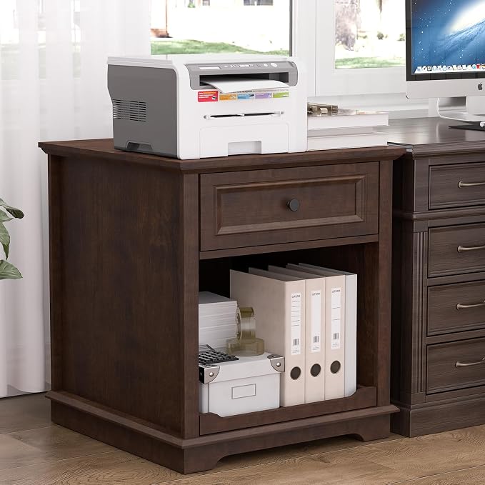 REDAYFUR Lateral File Cabinet 3 Drawer File Cabinet with Charging Station, Wood Lateral Filing Cabinet, Printer Stand with Open Adjustable Storage Shelves for Home Office, Cherry