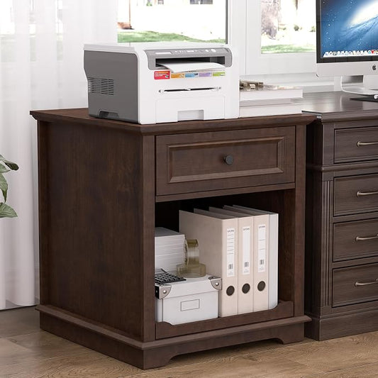 REDAYFUR Lateral File Cabinet 3 Drawer File Cabinet with Charging Station, Wood Lateral Filing Cabinet, Printer Stand with Open Adjustable Storage Shelves for Home Office, Cherry
