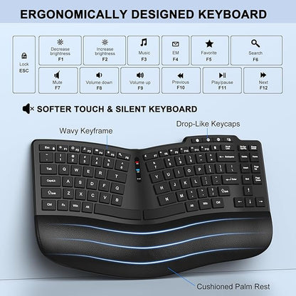 Ergonomic Wireless Keyboard Mouse, Wave Key Bluetooth/2.4G Split Design Ergo Keyboard Mouse Combo with Cushioned Palm Rest, Multi-Device, Rechargeable, for Multi-OS, Windows/Mac/Android