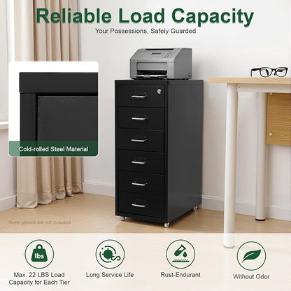 6 Drawer Vertical File Cabinet with Lock, Metal Movable Office Storage Cabinet, Under-Desk File Cabinet with Wheels, for Home Office Use (Black)