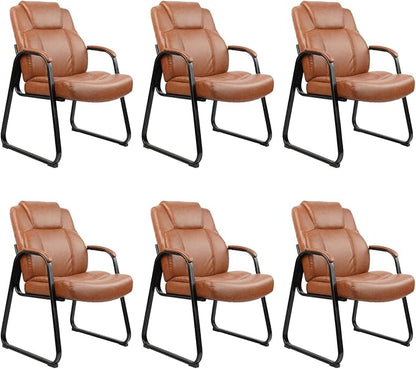 CLATINA Big Tall 500 LB Wide Guest Chairs Heavy Duty, Leather Side Reception Chairs with Sled Base and Arms, Executive Office Desk Chair No Wheels for Meeting Conference Waiting Room Home, Brown 6 PK