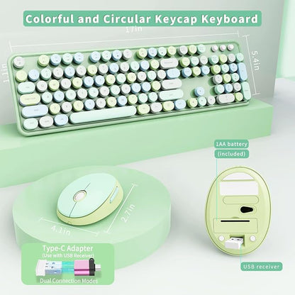 Wireless Keyboard and Mouse Combo, Ergonomic Full Size Typewriter Retro Round Keycaps Keyboard, Compatible with Windows, PC, Perfer for Home and Office Keyboards (Green