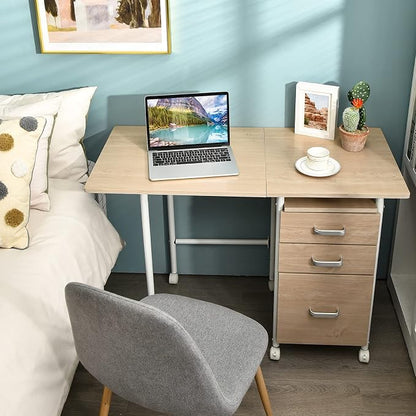 Tangkula Folding Computer Desk with 3 Storage Drawers, Mobile Home Office Desk Study Writing Desk with Smooth Wheels, Space Saving Compact Desk for Dorm Apartment, Rolling Folding Desk Table