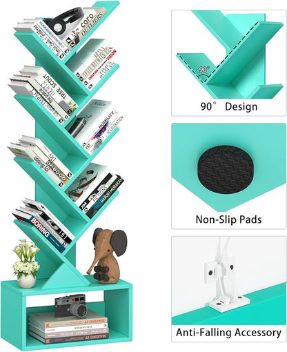 SHEEPAM 9 Tier Tree Bookshelf,Christmas Green Bookcase for Narrow Space, Storage Organizer Floor Standing Bookshelves for Books, Tall Book Case for Home Office, Living Room, Bedroom