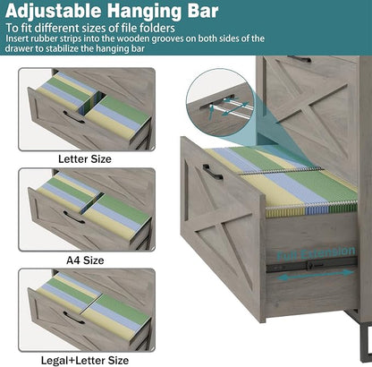 Lateral File Cabinet 2 Drawer File Cabinet with Charging Station for Legal/Letter/A4 Size Hanging Files, Modern Farmhouse Large Wood File Storage Cabinet for Home Office Furniture(Washed Gray)