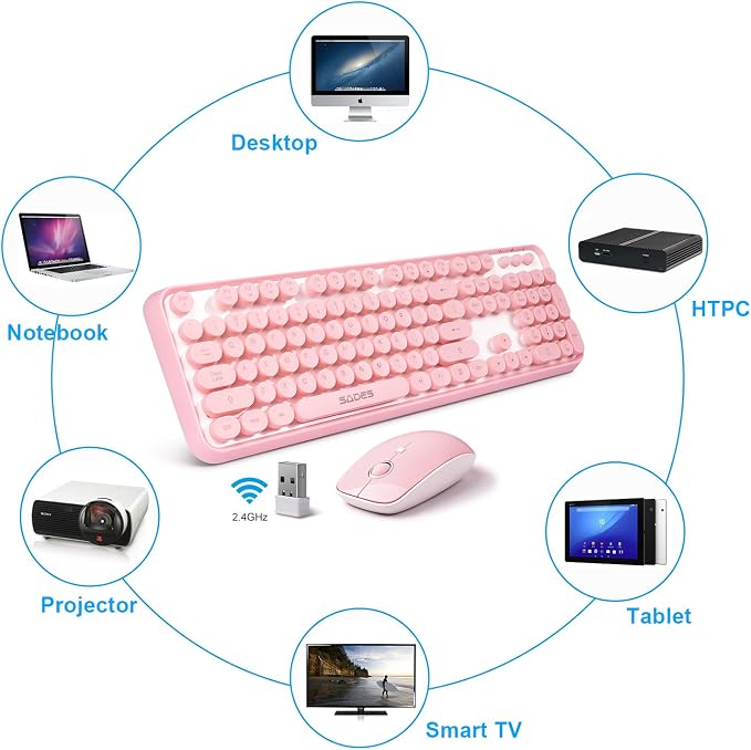 Pink Keyboard and Mouse Wireless, Keyboard for Long Nails, Typewriter Style Pink Keyboard with Round Keys, 2.4GHz Cute Bubble Full Size Keyboard and Mouse Combo with Number Pad for PC Laptop Desktop