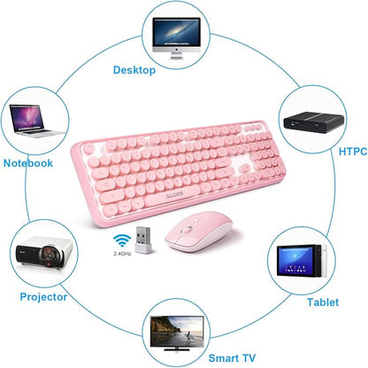Pink Keyboard and Mouse Wireless, Keyboard for Long Nails, Typewriter Style Pink Keyboard with Round Keys, 2.4GHz Cute Bubble Full Size Keyboard and Mouse Combo with Number Pad for PC Laptop Desktop