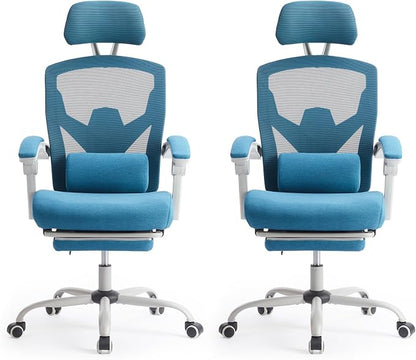 Sweetcrispy Office Computer Desk Chair Set of 2, Ergonomic High-Back Mesh Rolling Work Swivel Chairs with Wheels, Comfortable Lumbar Support, Comfy Arms for Home, Bedroom, Study, Student, Blue