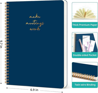 Meeting Notebook for Work Organization - Work notebook with action items, Meeting Minutes Planner Notebook, Perfect Office Supplies for Men & Women - Navy Blue