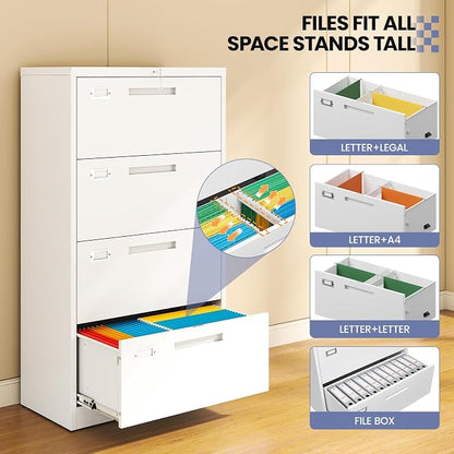 Metal Lateral 4 Drawer File Cabinet with Lock, Wide Filing Cabinet for Home Office Organization Hanging Files Letter/Legal/F4/A4 Size (White, Assembly Required)