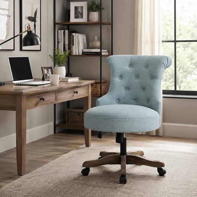 HUIMO Home Office Chair Upholstered Armless Desk Chair with Wheels Adjustable Height Computer Desk Chair with Wooden Legs Comfortable Linen Swivel Chairs for Home Office Study Studio (Teal)