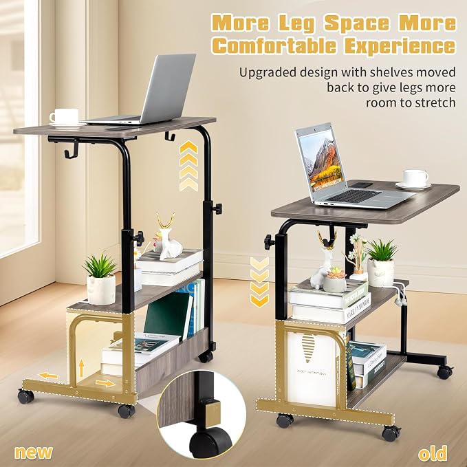 Karl home 31.5" Portable Rolling Desk on Wheels,Height Adjustable Standing Desk with 2 AC Outlets/3 USB Ports,Mobile Laptop Table with Hooks and Storage Shelves for Home Office，Grey Oak