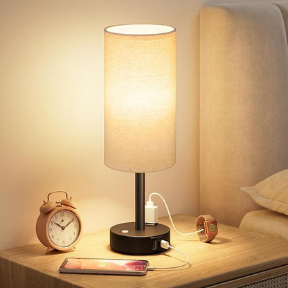 Touch Bedside Table Lamp with Memory - Stepless Dimmable Lamp for Bedroom, Small Nightstand Lamp with Dual USB Charging Ports and AC Outlet, Wood Night Light, Desk Lamp for Nursery (Beige & Black)
