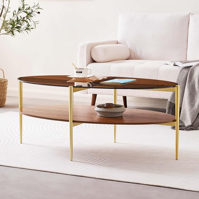 LumFurn Oval Glass Coffee Table, Mid-Century Modern Design, L43 x W22 x H17 inch, 2-Tier Structure, Olive Shaped Amber Glass Top and Walnut Finish Wood Shelf, Tapered Legs with Gold Finish Frame