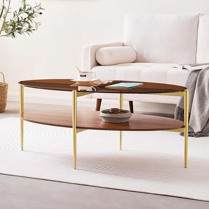 LumFurn Oval Glass Coffee Table, Mid-Century Modern Design, L43 x W22 x H17 inch, 2-Tier Structure, Olive Shaped Amber Glass Top and Walnut Finish Wood Shelf, Tapered Legs with Gold Finish Frame