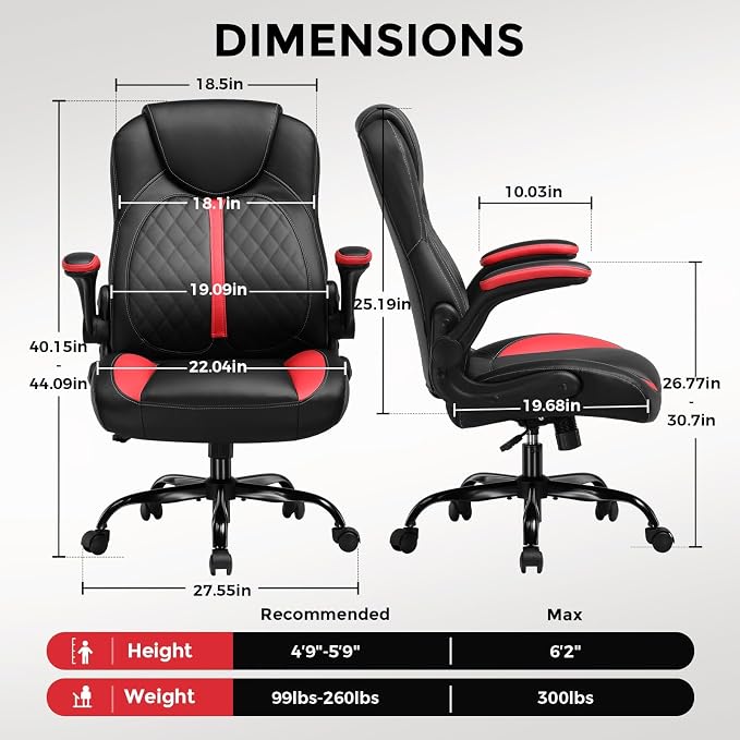 COMHOMA Office Computer Gaming Chair Ergonomic Desk Chair for Adults with Lumbar Support Flip-Up Arms Adjustable Height Swivel Wheels PU Leather Executive Design for Short People Use, Red