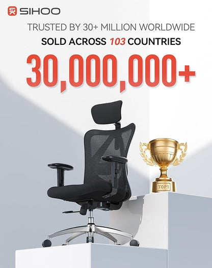 SIHOO M18 Ergonomic Office Chair, High Back Mesh Desk Chair with Adjustable Headrest & Lumbar Support, 330lbs Capacity Computer Chair with 2D Armrests & Wide Cushion, Tilt Lock, for Home Office-Black