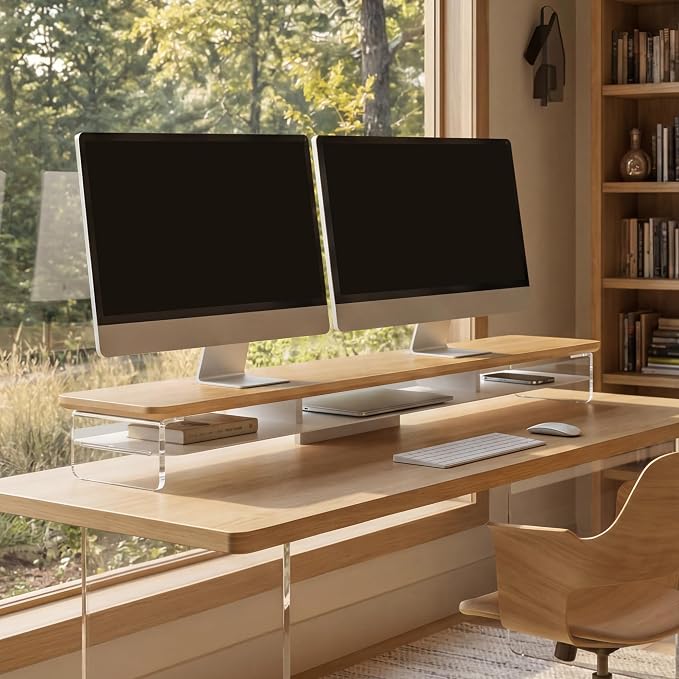 Fenge Monitor Stand Riser, Acrylic Computer Stand, Desktop Oraganizer Stand, Acrylic Laptop Stand Riser with Storage Desk Organizer Accessories (Dark Oak, 42.5in)