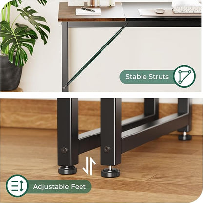 Huuger Computer Desk, 63 Inch Office Desk, Gaming Desk with Storage, Writing Desk Work Desk for Home Office, Study, Modern Simple Desk, Large Legroom, Metal Frame, Rustic Brown and Black