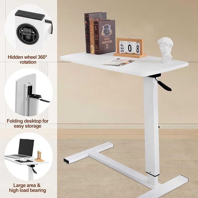 Overbed Bedside Table with Wheels, Adjustable Pneumatic Mobile Standing Desk, Laptop Table Rolling Bed Desk Foldable for Hospital & Home (32" W x 16" D, White)