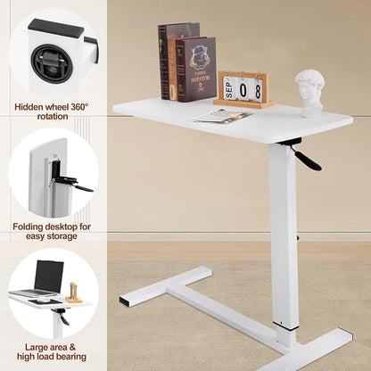 Overbed Bedside Table with Wheels, Adjustable Pneumatic Mobile Standing Desk, Laptop Table Rolling Bed Desk Foldable for Hospital & Home (32" W x 16" D, White)