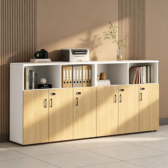 File Cabinet with Password Lock, Wood Lateral Filing Cabinet for Letter/A4 Files, 3 Drawer with Door, Printer Stand with Open Shelves for Home Office