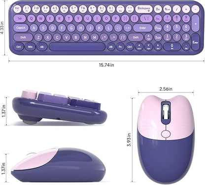 Wireless Keyboard and Mouse Combo, Meidosa 2.4GHz Colorful Full-Size Retro Typewriter Keyboard with Cat Shape 3 Level Adjustable Optical Mouse for PC/Desktop/Laptop/Windows (Purple Gradient)