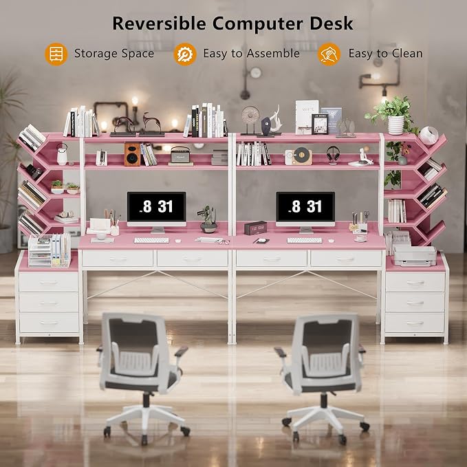YOMILUVE Reversible Computer Desk with Hutch, Home Office Desk with 5 Drawers and Bookshelf, 52'' Study Writing Desk with Storage Shelves for Bedroom Home Office, Pink