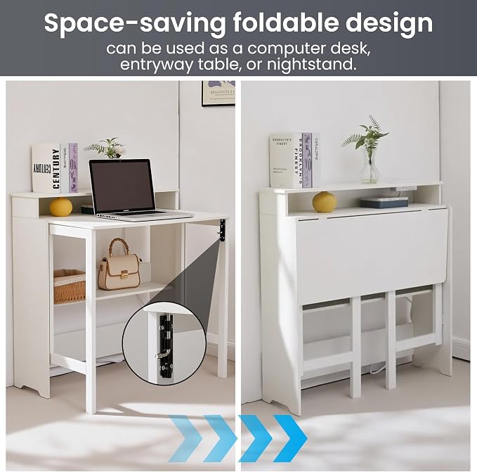 Fold Out Desk with Power Outlets, Small Foldable Table with Storage Shelf,Space-Saving Hidden Desk for Bedroom, Living Room & Office (White)