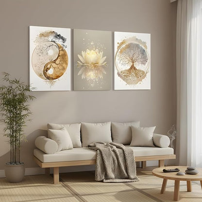 Tree of Life Wall Art Canvas Framed Set of 3 Lotus Zen Wall Decor Painting Poster Abstract YinYang Fall Art Picture Print Artwork for Living Room Yoga Room Bedroom Home Decoration 16x24 inch