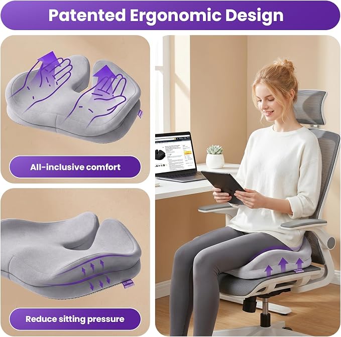 ZZ-WELL Seat Cushions for Office Chairs, Coccyx Cushion for Tailbone Pain, Memory Foam Butt Pillows for Long Sitting, Patented Pressure Relief Design, Extra Large & Thick, 21.2 Inches (Light Grey)