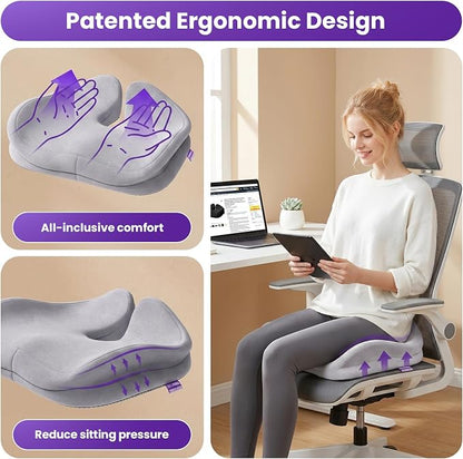 ZZ-WELL Seat Cushions for Office Chairs, Coccyx Cushion for Tailbone Pain, Memory Foam Butt Pillows for Long Sitting, Patented Pressure Relief Design, Extra Large & Thick, 21.2 Inches (Light Grey)