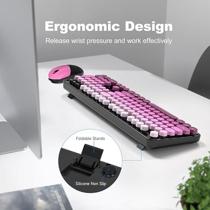 Wireless Keyboard and Mouse Combo, 2.4GHz Gradient Colorful Full-Size Retro Typewriter Keyboard with Wireless Mouse for PC/Desktop/Laptop/Windows (Black Pink)