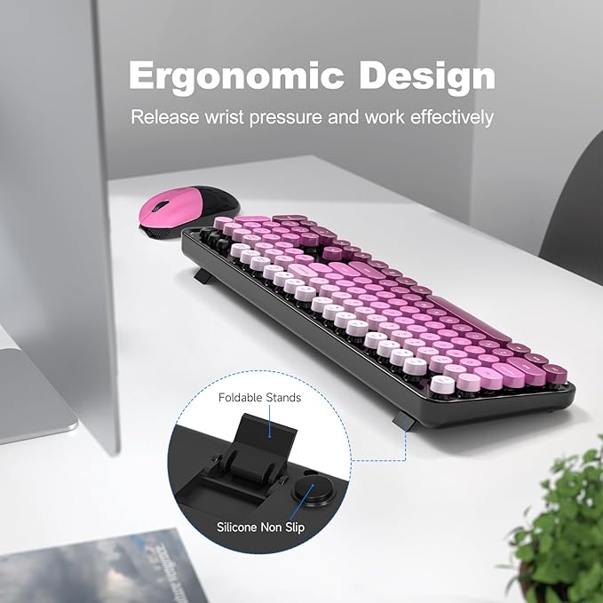 Wireless Keyboard and Mouse Combo, MOWUX Full Size Typewriter Retro Round Computer Keyboard, Cute Optical Mouse Wireless, Plug and Play, for Laptop, PC, Computer-Black Pink Gradient