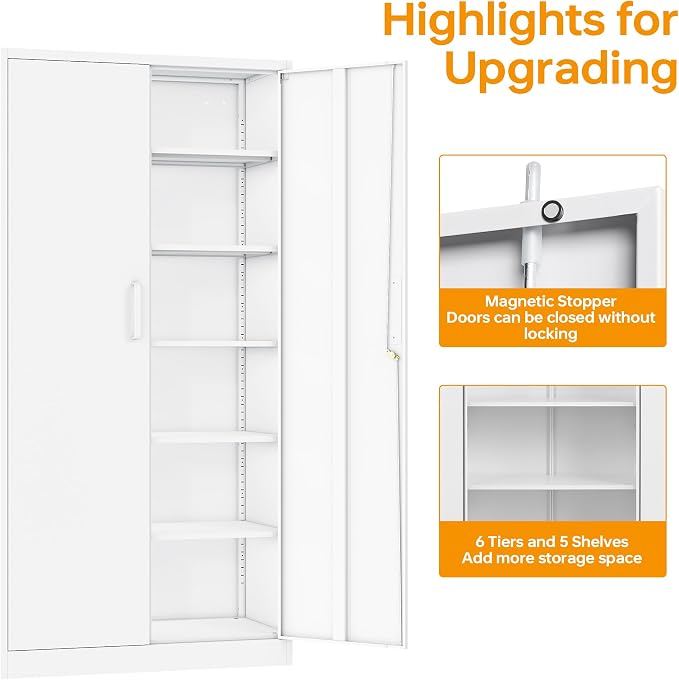 STANI Metal Garage Storage Cabinet with Lock, 71" Steel Lockable File Cabinet, Locking Steel Storage Cabinet with 5 Adjustable Shelves for Home, Office, Warehouse, Garage, School (White)