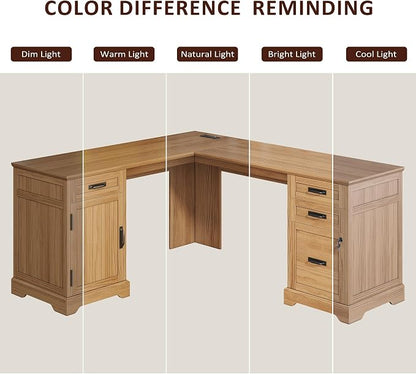 Whalefall 67'' Farmhouse L-Shaped Desk with Drawers for Home Office, Walnut | Computer Corner Desk with File Cabinet and Charging Station, Large Executive L Desk with Locking Drawers Storage