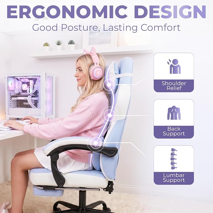N-GEN GAMING Video Gaming Chair Big and Tall Office Computer Desk Chairs with Ergonomic Lumbar Support High Back Recliner and Footrest for Adults (Purple)