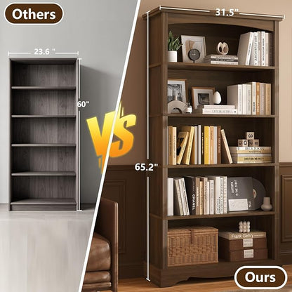 TVU 5-Tier Wooden Bookshelf, 31.5" W x 65" H ×9.9" D Bookshelf with Storage, Floor Standing Modern Style Display Bookcase for Living Room, Office, Study Room, Entryway, Brown
