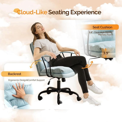 VINGLI Comfortable Office Desk Chairs with/No Wheels,Dual-Base,Removable Armrests,Adjustable Comfy Rolling Swivel Computer Task Nail Chair for Office,Sewing,Makeup Vanity,Teen,Linen Fabric,Mint Green