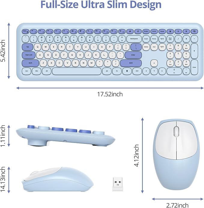 surmen Blue Keyboard and Mouse Wireless, Cute Wireless Typewriter, Full Size Slim Silent Keyboard Round Keys Aesthetic for Home and Office(Colorful Blue)