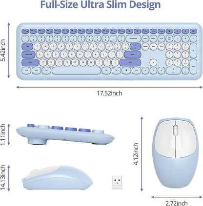 surmen Blue Keyboard and Mouse Wireless, Cute Wireless Typewriter, Full Size Slim Silent Keyboard Round Keys Aesthetic for Home and Office(Colorful Blue)