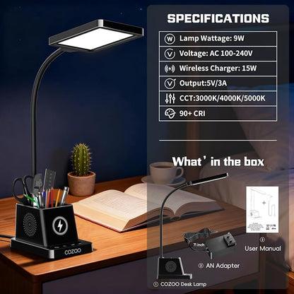 cozoo LED Desk Lamp for Home Office, Desk Light with 15W Wireless Charger Pen Holder, 12 Lighting Modes Desk Lamp for Bedroom, Small Table Lamp for College Dorm, Study, Craft, Nail, Black