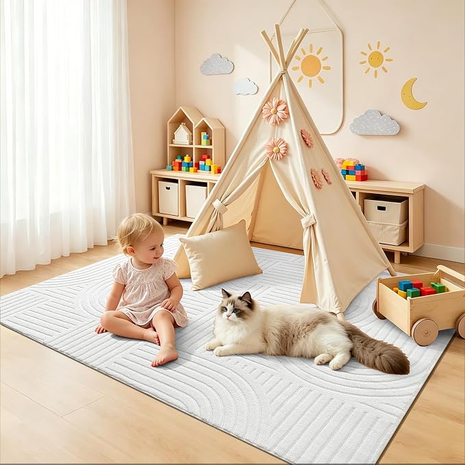 Pauwer 4x6 Washable Area Rugs for Living Room Modern White Solid Color Soft Fluffy Rugs for Bedroom Non Slip Boho Accent Indoor Mat Floor Carpet Cover for Kids Room Dining Room Kitchen Office